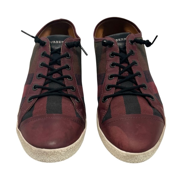 Burberry Harowby Maroon Black Olive Nova Check Low Top Sneakers Leather Trim 38 - Picture 2 of 13
